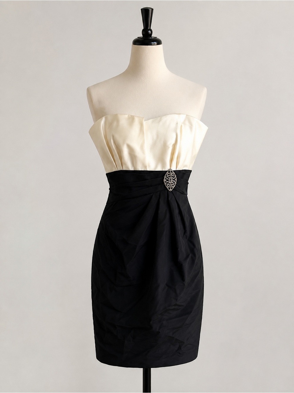Badgley Mischka Strapless Black and Ivory Cocktail Dress with Rhinestone Brooch
